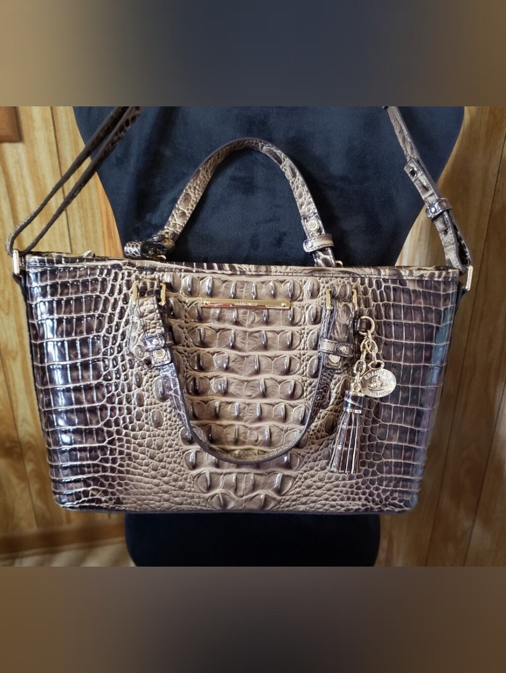 BRAHMIN Croc-Embossed Brown Tote Bag with Tassel Charm